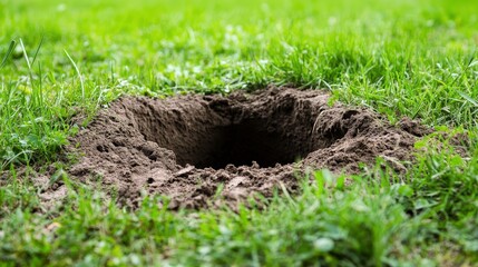 Fototapeta premium Hole In Ground. Danger in the Deep: Bottomless Burrow in Grass Background