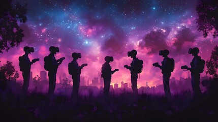Fototapeta premium Virtual reality game where players battle in a futuristic arena for Science Fiction Day in flat vector and papercut style
