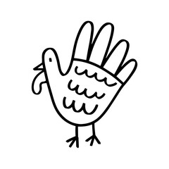 Happy Thanksgiving Day drawing of child hand turkey. Vector line illustration