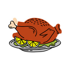 Roast Turkey on the plate for thanksgiving day. Roast Chicken with lemons. Hand Drawn vector illustration 