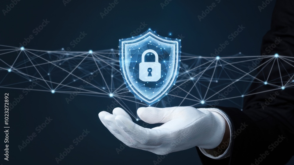 Poster hand showing digital shield symbolizing cybersecurity and data protection.
