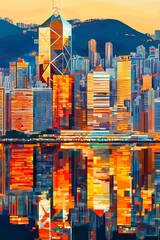 Obraz premium A vibrant city skyline with a tall building in the center, glowing with warm hues of orange and yellow.