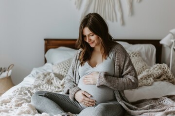 Naklejka premium Pregnant woman touching her belly while sitting on her bed adult anticipation beginnings.