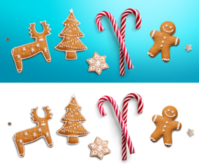 Christmas design element on transparent background with transparent shadow. Isolated Christmas sweet Candy Cane and gingerbread ginger men. Flat lay, top view