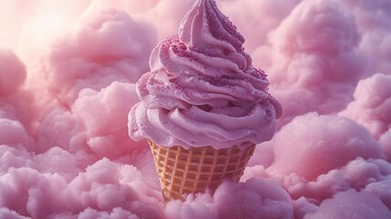 delicious pink mist cream cone surrounded by fluffy clouds at twilight blending dreamy pastel colors with a whimsical feel perfect for evoking childhood nostalgia