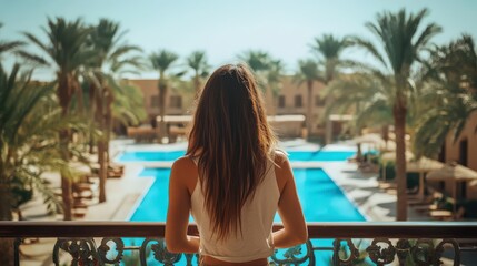 Naklejka na ściany i meble Hotel Balcony with Young Woman Enjoying Pool View in Tropical Egypt Resort