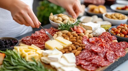 Obraz premium Overhead view of a beautifully arranged healthy charcuterie board filled with an assortment of fresh fruits crunchy nuts and creamy cheeses for a nourishing and indulgent snacking experience