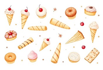 Hand drawn watercolor sweet dessert cake set. Pink donut, cupcake, fruit tart, eclair, madeleine, cookies, semla, raisin pastry roll. Different types of pastry for food background, bakery menu.
