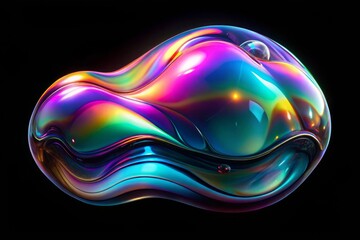 Bold holographic liquid blob shape isolated. iridescent wavy melted substance on black background. 3D Holographic. Illustration