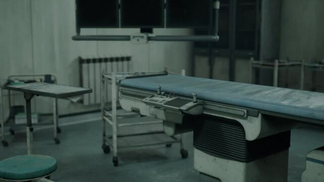 The remnants of an abandoned hospital reveal a decaying surgical area filled with outdated equipment and layered dust, hinting at past activities and stories now lost in time.