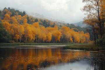 A serene autumn landscape featuring vibrant yellow foliage reflected intricately in a still, calm lake.