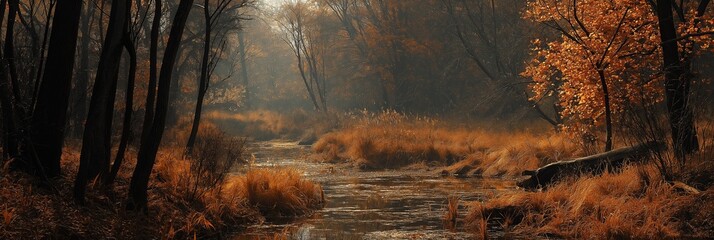 An inviting autumn woodland scene showing a meandering creek through trees with rustling golden leaves.