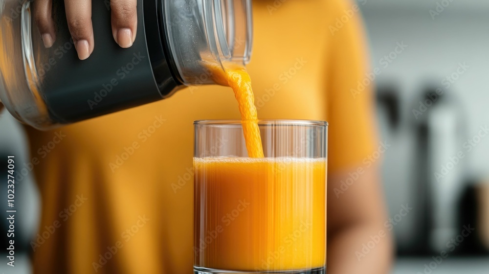 Poster close up of a plus size model pouring freshly extracted orange juice from a juicer into a glass show
