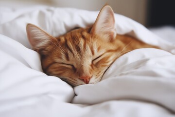 A ginger cat peacefully sleeps on white bedding, exuding warmth and contentment in a cozy setting.