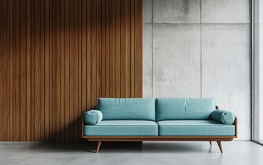 Contemporary minimalist living room with a vibrant turquoise sofa, set against a concrete and wooden paneling wall, leaving elegant copy space for creative compositions
