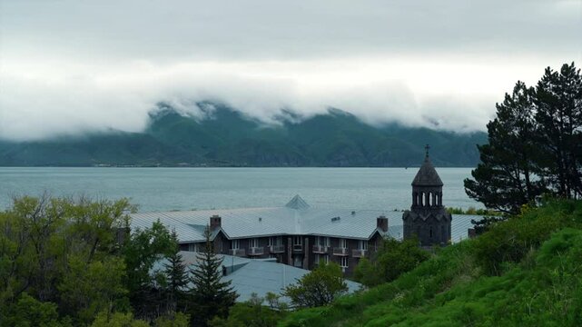 Armenian landscape overlooking Sevanavank monastery, Sevan lake and mountains