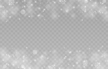 Vector flying snow. Flying snowflakes on an isolated transparent background. Winter or Christmas background. Snow or snowflakes png.