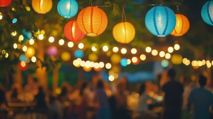 A festive outdoor gathering with colorful lanterns hanging above, illuminating happy faces.