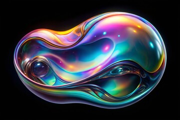 Bold holographic liquid blob shape isolated. iridescent wavy melted substance on black background. 3D Holographic. Illustration
