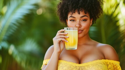 Confident and radiant plus size female model enjoying a refreshing glass of lemon water in a lush tropical setting as part of her healthy morning routine focused on and wellness