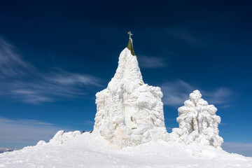 The chapel of Saints Peter and Paul on top of Kaimaktsalan mountain, covered with ice and snow, where a great battle took place in WWI between Serbian and Bulgarian troops