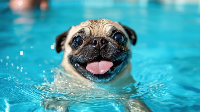 Happy pug swimming in a pool, enjoying a sunny day.
