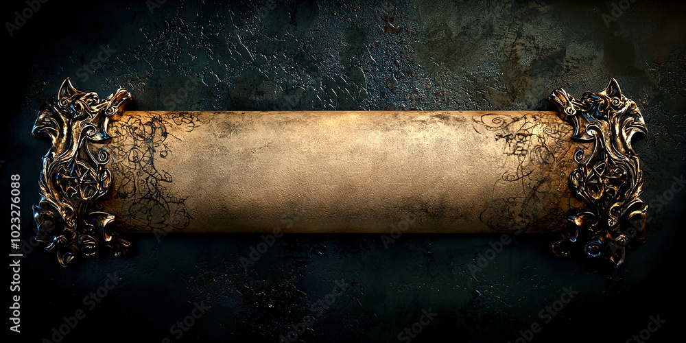 Poster A scroll with a gold frame and a black background