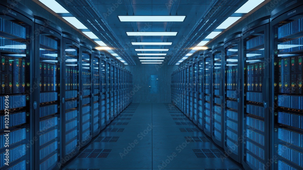 Poster high-tech data center corridor with illuminated servers in blue tones.