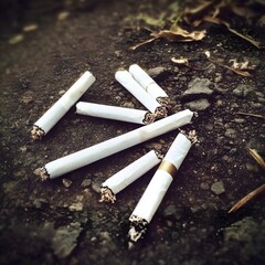 Unhealthy habit Tobacco Smoked cigarette ash wasteon the ground