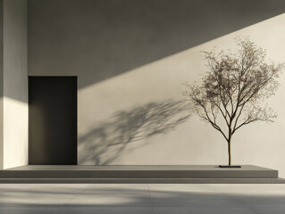 Modern architectural design featuring a minimalist tree against a shadowed wall in soft daylight