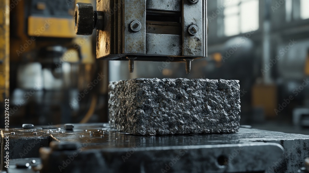 Poster a heavy machine compresses a rough block on a metallic surface in an industrial setting.