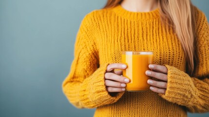 Closeup of a woman in a cozy yellow sweater embracing a warm mug of ginger and turmeric tea an anti inflammatory and restorative beverage that promotes health and wellness