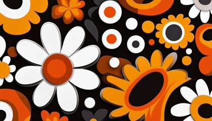 An elegant 70s retro background with warm earthy tones like burnt orange, mustard yellow, and deep brown, featuring swirling paisley patterns and groovy floral elements.