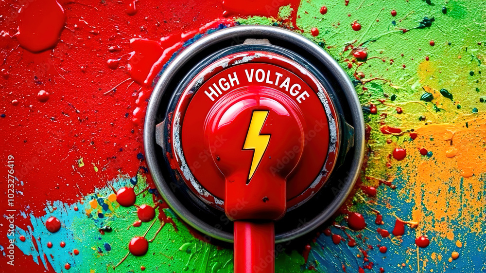 Poster A red button with a yellow lightning bolt on it that says High Voltage
