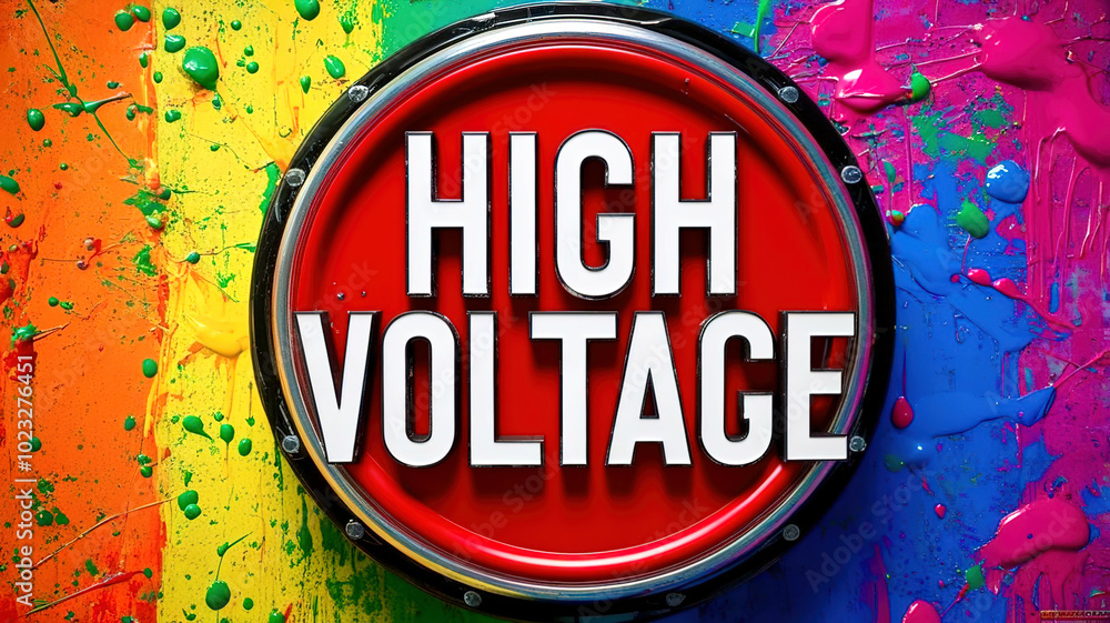Poster a colorful background with a red circle that says high voltage