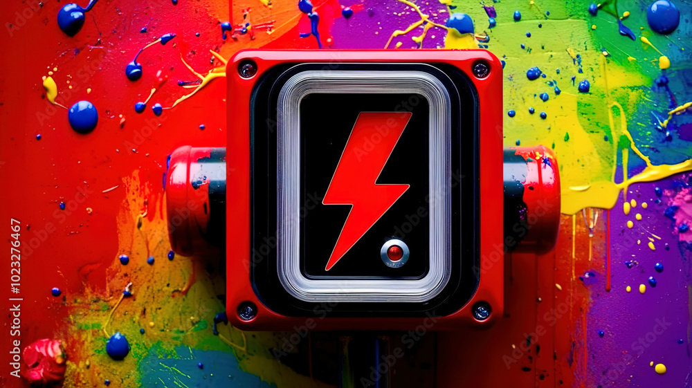 Poster A red box with a lightning bolt on it
