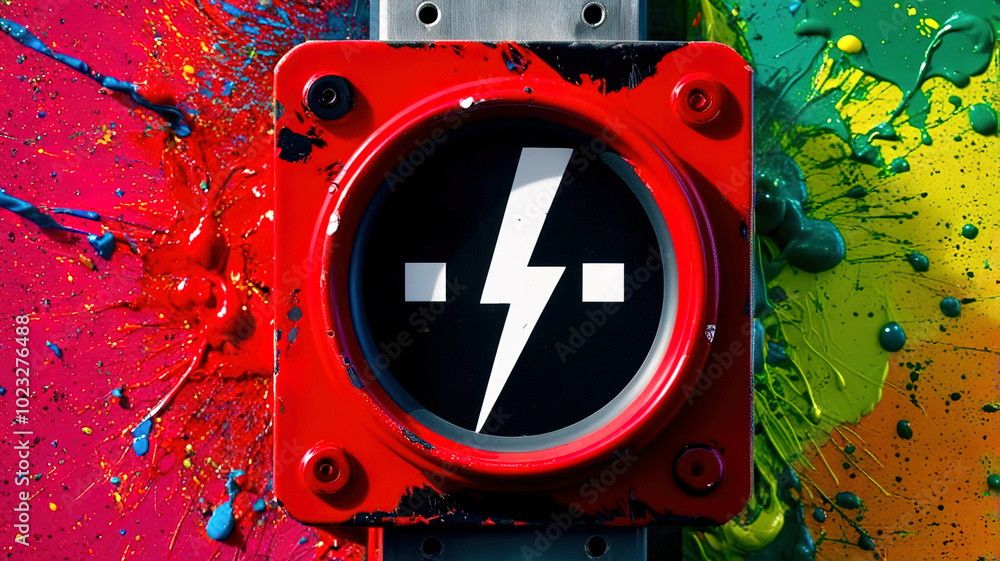 Poster A red and black button with a lightning bolt on it