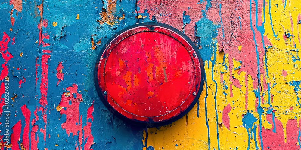 Poster A red button is on a wall with a colorful background