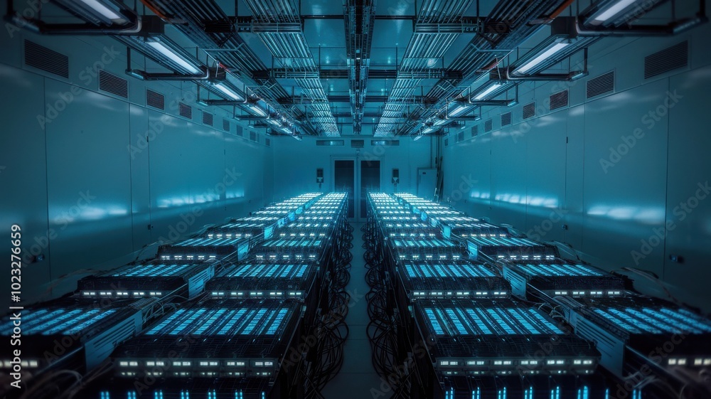 Poster high-tech server room with rows of illuminated machines and modern design.
