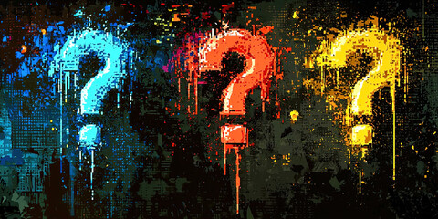 Three colorful question marks are splattered on a black background