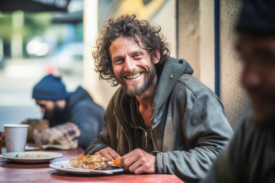 Smiling homeless food adult smile.