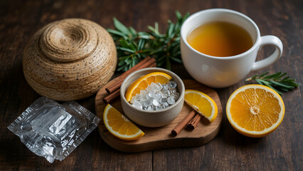Tea with lemon and cinnamon on a wooden table
