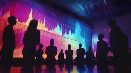 Naklejka premium People watching a giant stock graph in a busy conference room with bright reflections