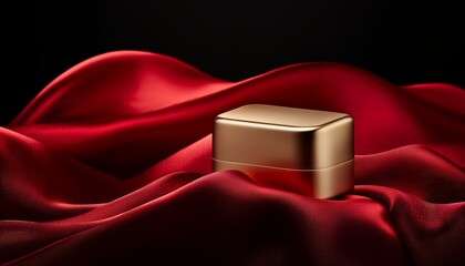 High-end gold cosmetic container, elegantly placed on rich red satin fabric, with soft light casting gentle reflections on the luxurious packaging.