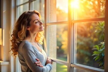 Serene woman standing by a window, bathed in sunlight, embracing a quiet and peaceful moment