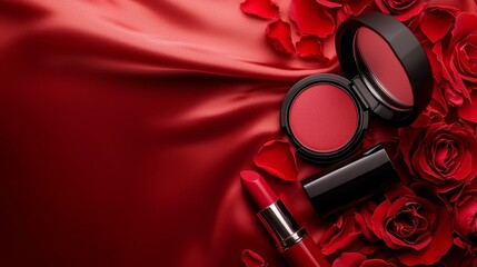 Glossy red makeup products, including lipsticks and compact powder, surrounded by delicate red rose petals on a soft red satin background, illuminated by diffused light.