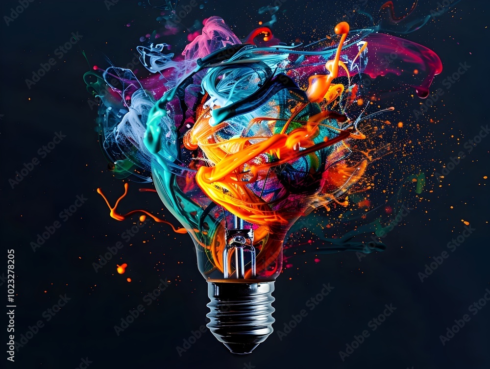 Poster vibrant and dynamic lightbulb of swirling abstract shapes and colors representing an idea concept