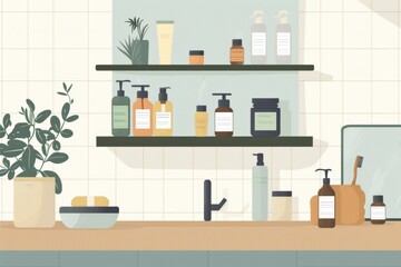 Minimalistic bathroom shelf with toiletries and plants