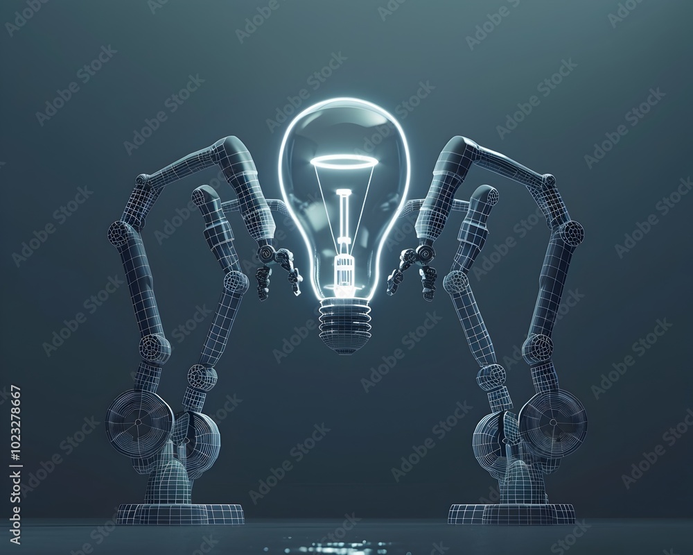 Aufkleber robotic arms assembling wireframe lightbulb symbolizing engineering of ideas