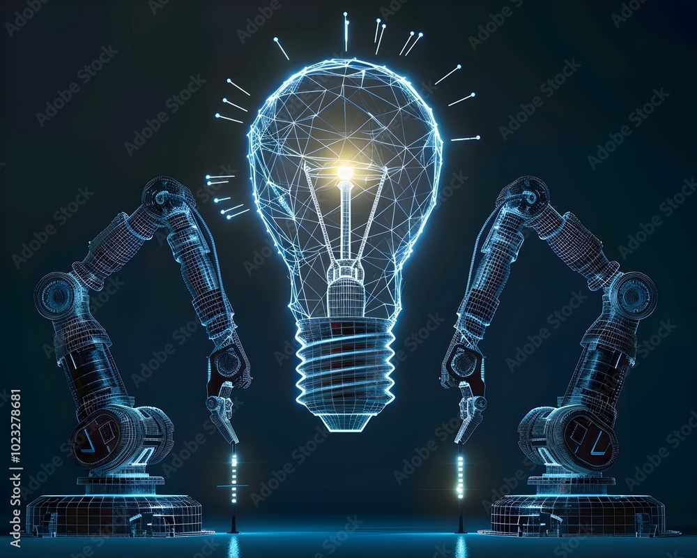 Poster robotic arms assembling a wireframe light bulb symbolizing the engineering and construction of an id